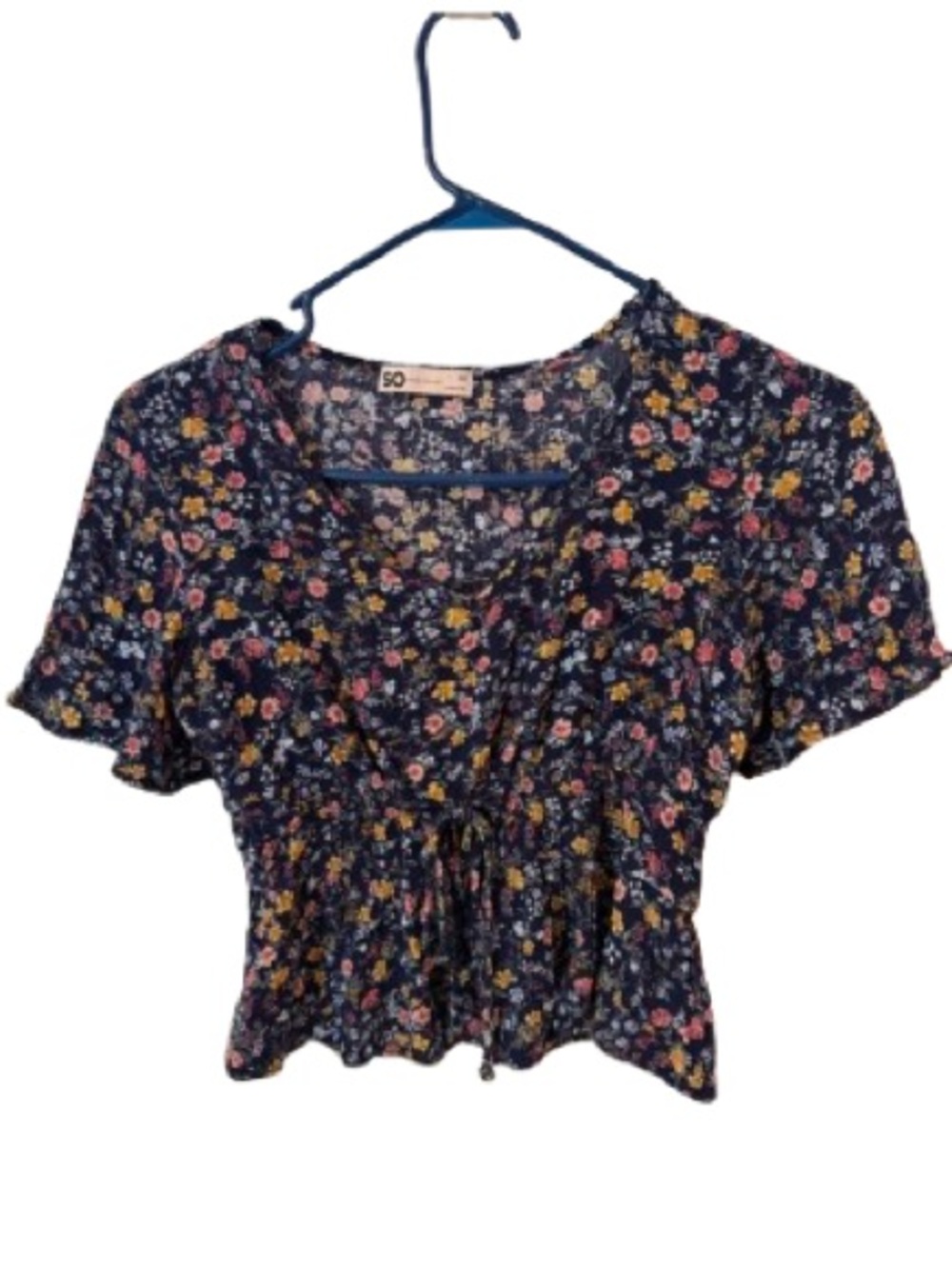 SO Floral Peplum Crop Top-Navy Blue multicolor Flower V-Neck Blouse -Size XS